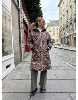 Doudoune longue léopard réversible noire