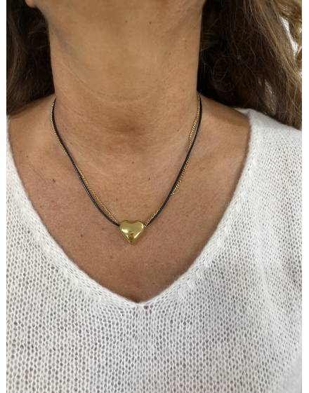 Collier doré double coeur noir