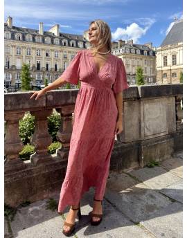 Robe longue vieux rose détails fleurs rose