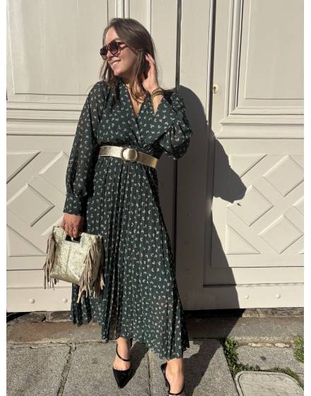 Robe longue plissée verte imprimée