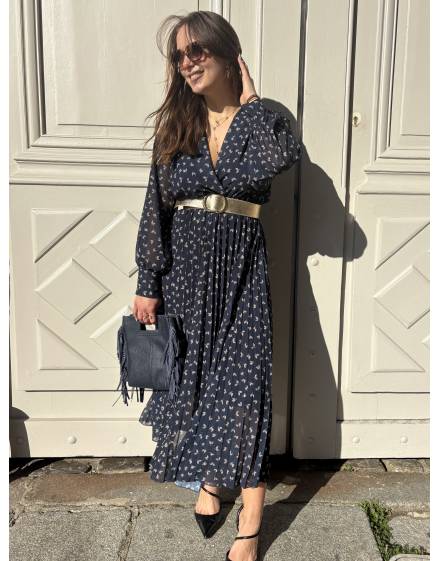 Robe longue plissée bleue imprimée