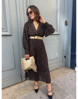 Robe longue plissée noire imprimée