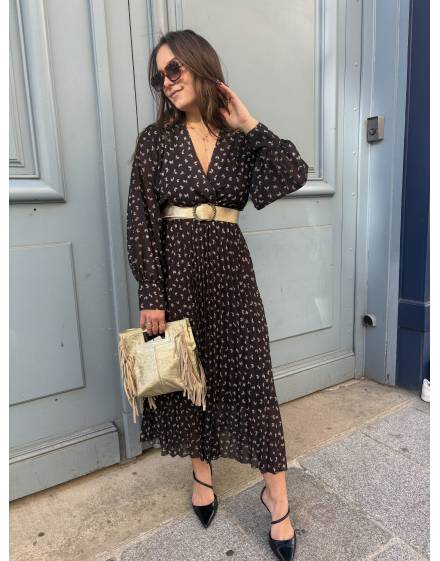 Robe longue plissée noire imprimée
