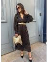 Robe longue plissée noire imprimée