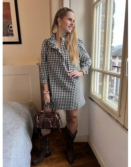 Robe vichy kaki à col victorien