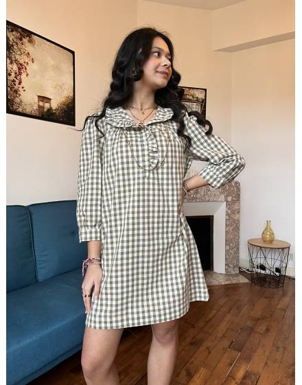 Robe Vichy Verte Kaki À Col Victorien