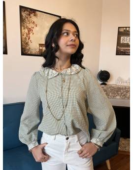 Blouse vichy Verte avec Col Claudine Brodé