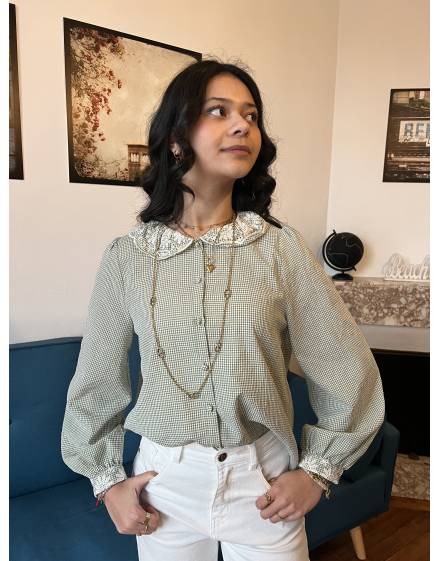 Blouse vichy Verte avec Col Claudine Brodé