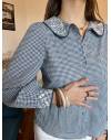 Blouse Vichy Bleue Avec Col Claudine Fleurie