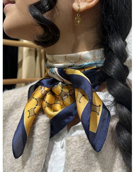 Carré Style Soie à Motif Fleurs Bleu et Jaune