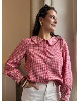 Blouse Vichy Rouge Avec Col Claudine Fleurie