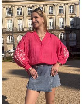 Blouse rose À Manches 3/4 Avec Broderies