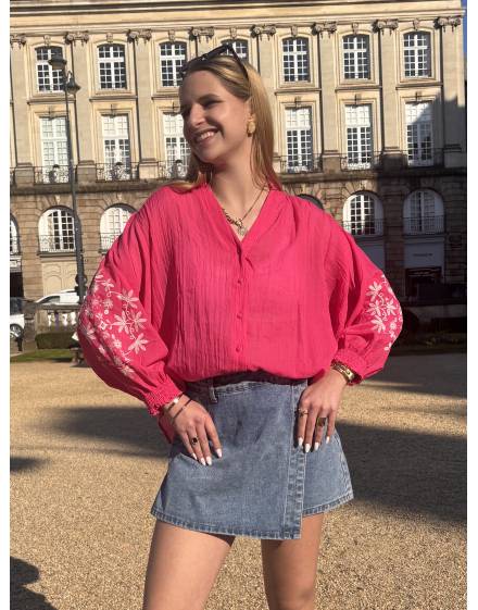 Blouse rose À Manches 3/4 Avec Broderies