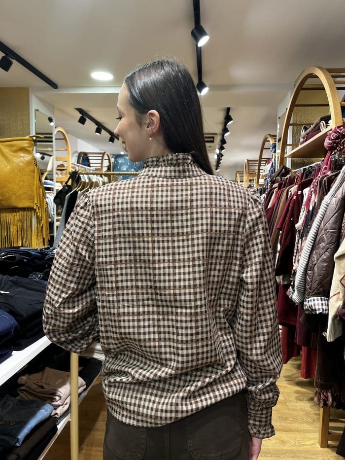 Blouse à Carreaux Chocolat Col Collerette