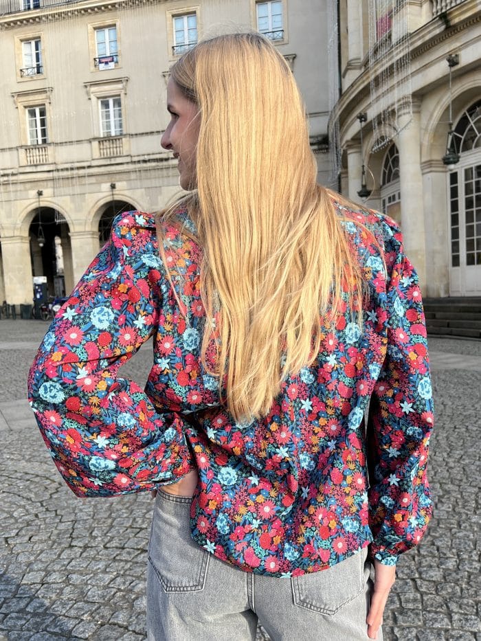 Blouse Col Collerette À Motif Floral Rose