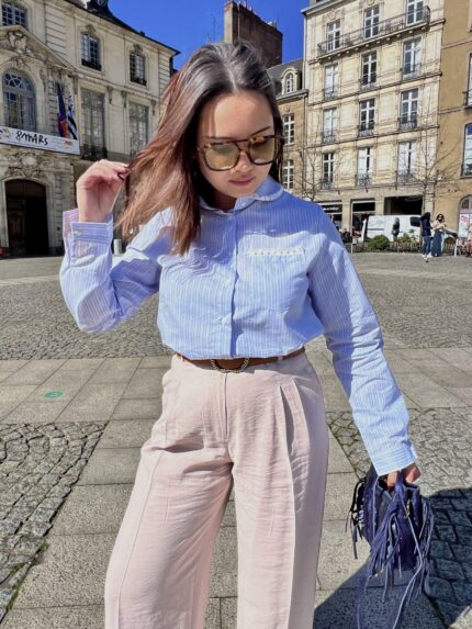 Chemisier Bleu À Rayures Avec Broderie