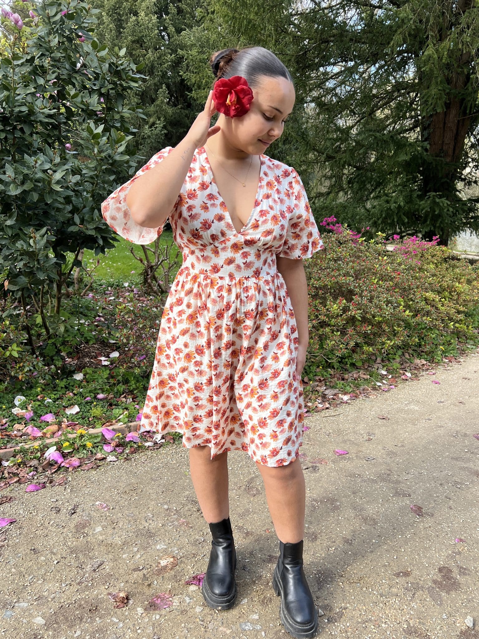 Robe Manches Courtes Motif Floral Orange Robe Manches Courtes Motif Floral Orange