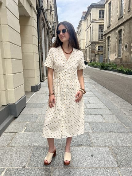 Robe mi-longue à pois moutarde