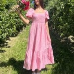 Robe longue vichy à manches bouffantes