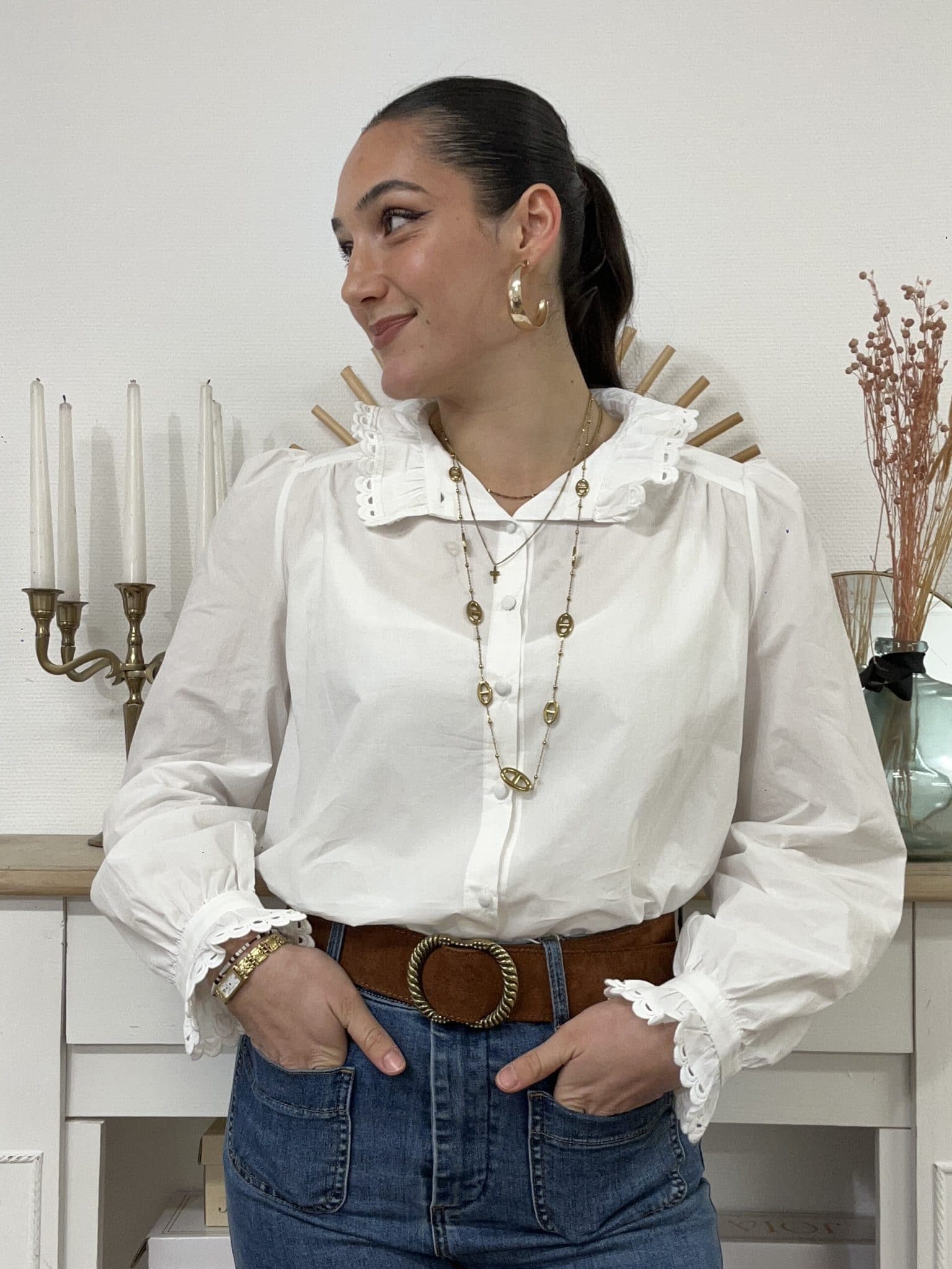 Blouse en coton à grand col Claudine et poignets festonnés Img 8165